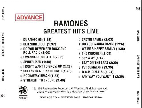 Ramones : Greatest Hits Live (CD, Advance, Album, Promo)