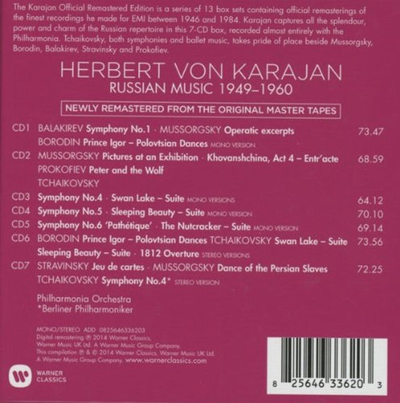 Herbert von Karajan, Berliner Philharmoniker, Philharmonia Orchestra / Modest Mussorgsky, Pyotr Ilyich Tchaikovsky, Alexander Borodin, Mily Balakirev, Igor Stravinsky : Russian Music (1949-1960) (7xCD, Comp, Mono, RM + Box, Club, RE)