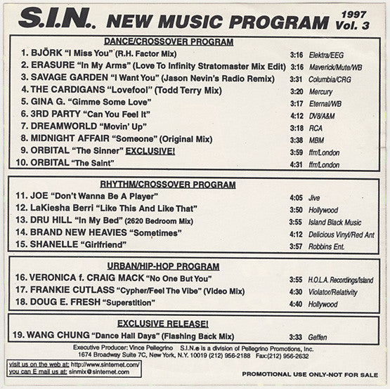 Various : S.I.N.  New Music Program  Vol. 3 1997 (CD, Comp, Ltd, Promo)
