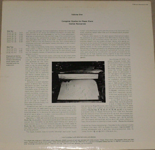 Conlon Nancarrow : Complete Studies For Player Piano Volume One (LP)