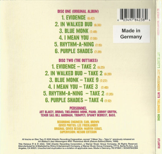 Art Blakey's Jazz Messengers* With Thelonious Monk : Art Blakey's Jazz Messengers With Thelonious Monk (2xCD, Album, Mono, Dlx, RE, RM)