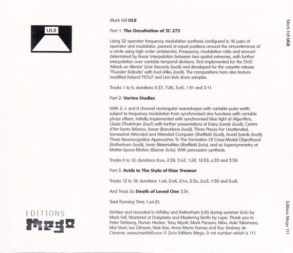 Mark Fell : UL8 (CD, Album)