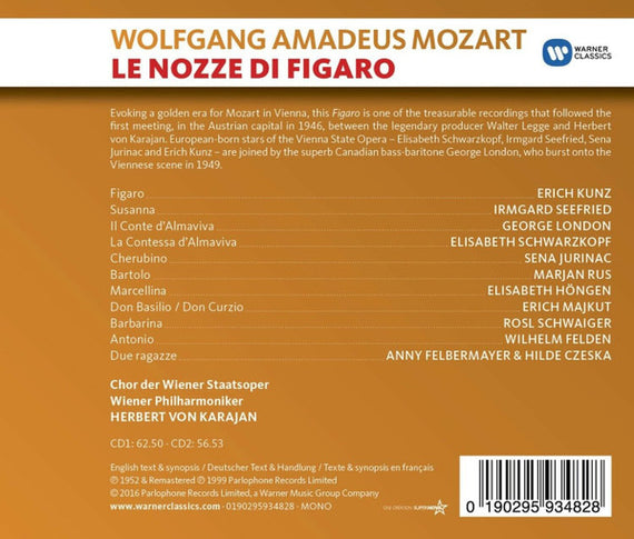 Mozart* - Elisabeth Schwarzkopf, Irmgard Seefried, Sena Jurinac, Erich Kunz, George London (2), Chor Der Wiener Staatsoper*, Wiener Philharmoniker, Herbert von Karajan : Le Nozze Di Figaro (2xCD, Album, Mono, RE, RM)