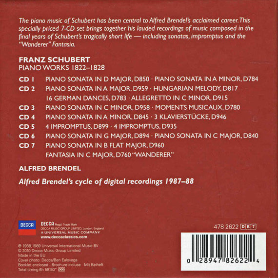 Schubert*, Alfred Brendel : Piano Works 1822-1828 (Sonatas • Moments Musicaux • Impromptus • “Wanderer” Fantasia) (Box, Comp + 7xCD, RE)