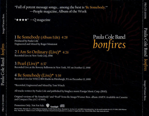 Paula Cole Band : Bonfires (CD, Single, Promo)
