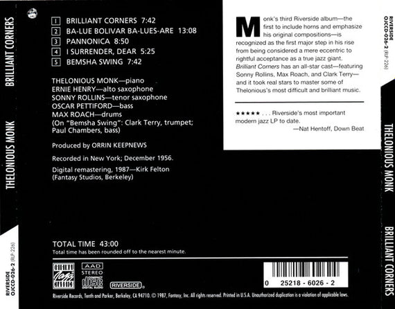 Thelonious Monk With Sonny Rollins, Ernie Henry And Clark Terry : Brilliant Corners (CD, Album, RE, RM, RP)