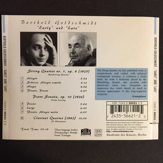 Berthold Goldschmidt, Mandelring Quartett, Ob Hausmann, Kolja Lessing : "Early" and "Late" (CD, RE, RM)