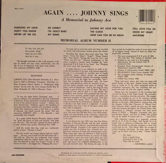 Johnny Ace : Memorial Album (LP, Comp, RE, Pin)