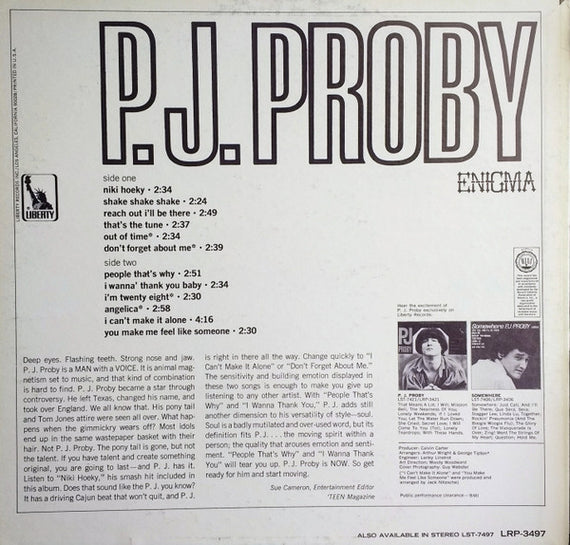 P.J. Proby : Enigma (LP, Album, Mono)