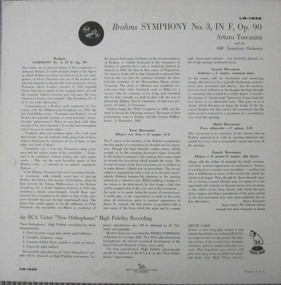 Brahms* - Toscanini* : Symphony No. 3 In F Major  (LP, Album, Mono, Ind)