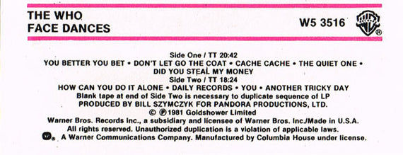 The Who : Face Dances (Cass, Album, Club)