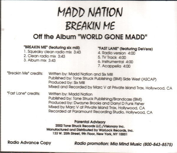 The Madd Nation : Breakin Me / Fast Lane (CD, Single, Promo)